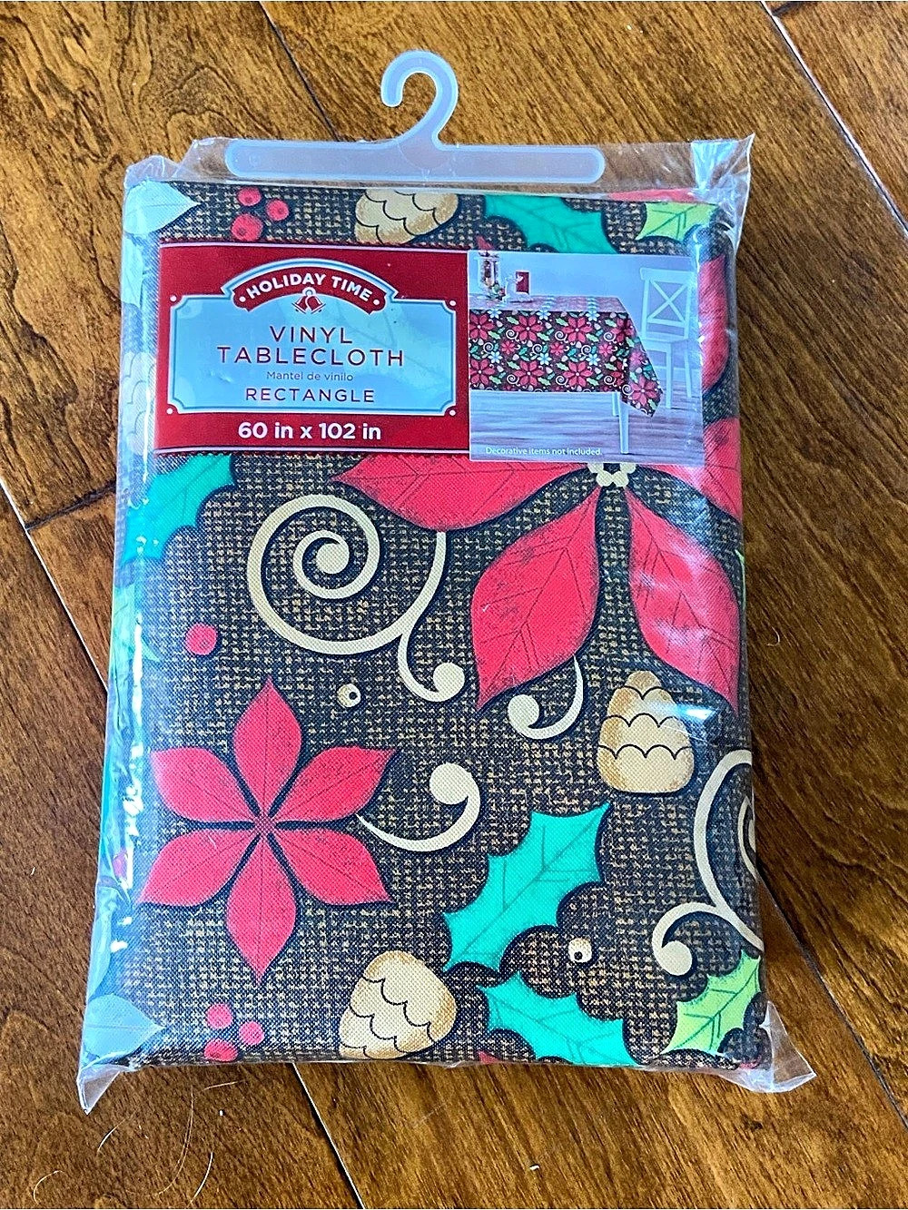 Holiday Time Vinyl Tablecloth Poinsettia Pinecone Rectangle Poinsettia Pinecone